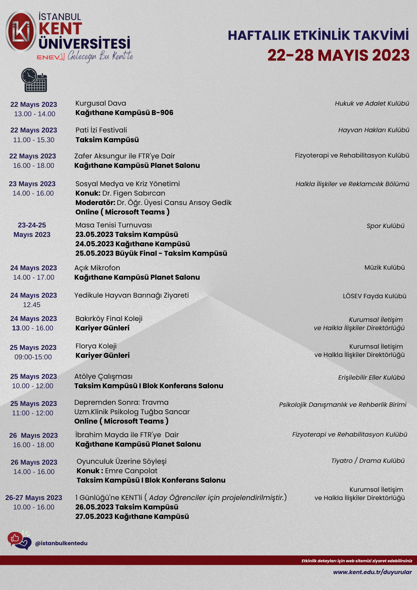 22-28 Mayıs 2023 İstanbul KENT Üniversitesi Haftalık Etkinlikler